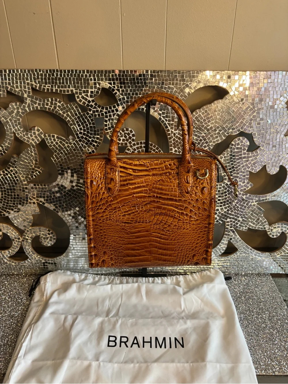 🌟Brahmin Croc-Embossed Leather Satchel in Cognac Brown